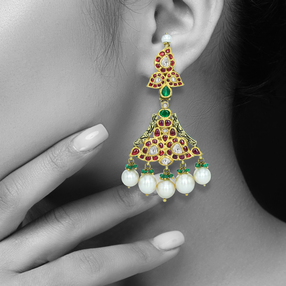 Polki Diamond Earrings with Red Stones, Emerald Beads & Pearls
